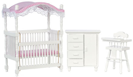 Dollhouse Miniature White Canopy Crib Set, S/3